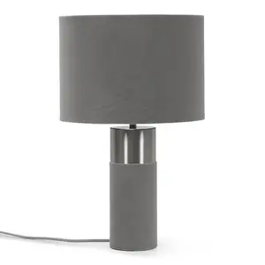 ValueLights Alexa Charcoal Grey Velvet and Silver Chrome Bedside Table Lamp with a Drum Lampshade - Bulb Included