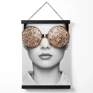 Girl with Gold Bling Sunglasses Fashion Black and White Photo Medium Poster with Black Hanger