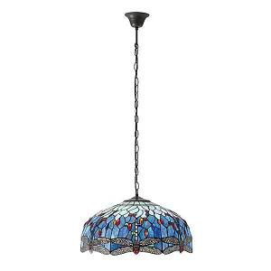 Luminosa Dragonfly Tiffany 3 Light Large Ceiling Pendant Bronze, Blue