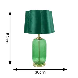 ValueLights Leigh Green Velvet Scallop Shade with Forest Green Glass and Gold Trim Table Lamp