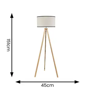 ValueLights Barbro Wooden Tripod Floor Lamp with Natural Linen with Black Trim Drum Shade and LED Bulb