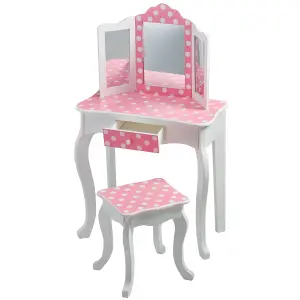 Teamson Kids Dressing Table, Play Vanity Set with Mirror & Stool - Pink/White/Polka Dots