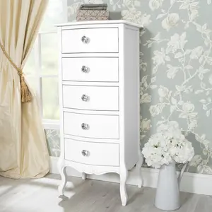 Juliette White Shabby Chic 5 Drawer Tallboy with Crystal Handles