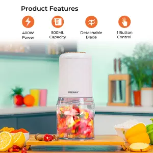 Geepas 400W Mini Food Processor, 500ML Food Chopper, 4 Bi-Level Stainless-Steel Double Blades for Blending & Chopping