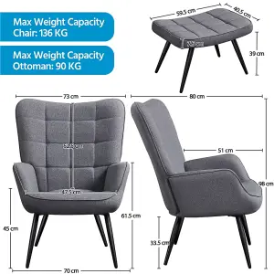 Yaheetech Dark Grey Modern Fabric Accent Chair with Tufted High Back and Ottoman Set