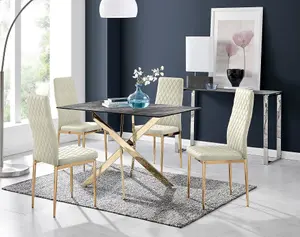 Furniturebox UK Leonardo Grey Glass Marble Effect Gold Leg Table & 4 Cream Pesaro Gold Leg Chairs