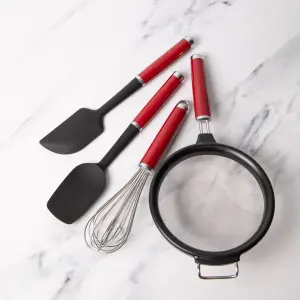 4pc Empire Red Cooking Utensil Set with Wire Whisk, 17.5cm Strainer, Spoon Spatula & Scraper Spatula