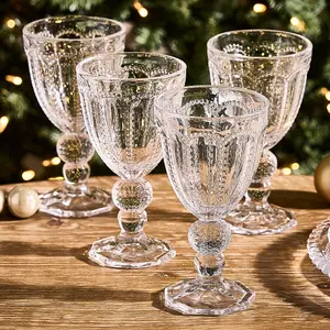 Set of 4 Vintage Luxury Clear Embossed Drinking Wine Goblet Glasses