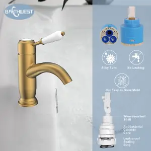 Basin Mixer Tap Gold Bathroom Sink Taps Single Lever with UK Standard Hot and Cold Hoses Modern Bathroom Washroom Cloakroom Faucet