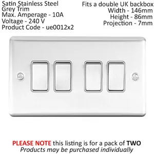 2 PACK 4 Gang Quad Metal Light Switch SATIN STEEL 2 Way 10A Grey Trim