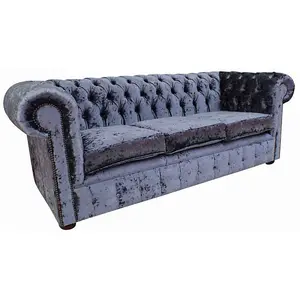 Chesterfield 3 Seater Sofa Settee Senso Dusk Blue Velvet Fabric In Classic Style