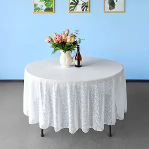 Neel Blue 50 Inch Round Sequin Tablecloth, White