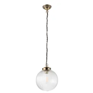 Anson Lighting Boston Pendant light finished in Antique brass plate and clear ribbed glass