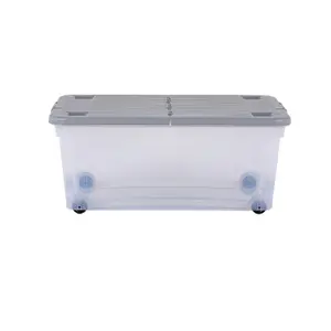 Wham 3 Piece Multisize Stackable Plastic Storage Box with Wheels & Folding Lid Clear/Cool Grey