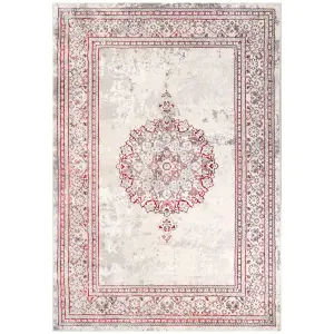 Red Silver Grey Traditional Medallion Bordered Living Area Rug 190x280cm