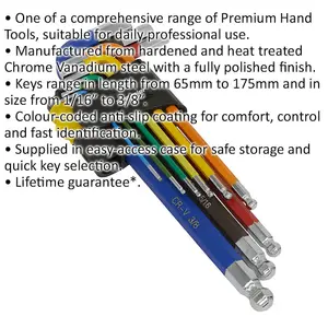 9 Piece Colour Coded Long Ball-End Hex Key Set - Imperial Sizes with Anti-Slip Grip