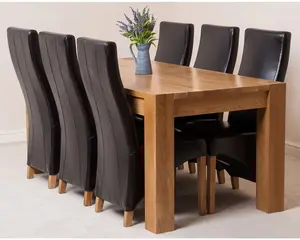 Kuba 180 x 90 cm Chunky Oak Dining Table and 6 Chairs Dining Set with Lola Brown Leather Chairs