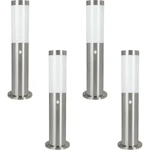 4 PACK IP44 Outdoor Bollard Light & PIR Sensor Stainless Steel 450mm Lamp Post