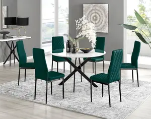 Furniturebox UK Novara White Gloss Black Leg 120cm Round Dining Table & 6 Green Velvet Milan Black Leg Chairs