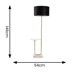 ValueLights Tavel Gold Floor Lamp with Table and Black Velvet with Gold Inner Lamp Shade and LED Bulb