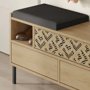 Decortie Heaton Shoe Bench Oak w/ Fabric Cushion Seat 3-door Storage Cabinet 111(W)x37(D)x56.5(H)cm Metal Legs Hallway