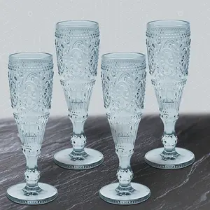 Flute Glasses Blue 4-Set Embossed Design Bar Liquor Champagne Glass Drinkware