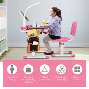 Costway Height Adjustable Kids Study Desk & Chair Set Children Drawing Table W/ Lamp