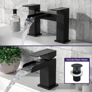 Nes Home Origin Waterfall Basin Mono Mixer, Bath Filler Tap & Waste Matte Black