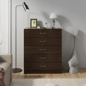 SunDaze Chest of Drawers Bedroom Furniture Bedside Cabinet with Handle 5 Drawer Walnut 75x36x90cm