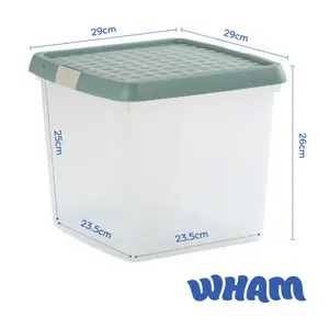 Wham Clip 5x 14L Square Plastic Storage Boxes with Secure Clip Lock Lids. L:29 x W:29 x H:26cm Clear/Green Milieu/Stone