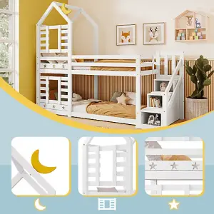 Bunk Bed Storage Children Cabin Bed Single Bed with Window for Kids, Twin Sleeper 190x90 cm, Solid Pine Wood, 3FT, White