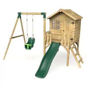 Rebo Orchard 4ft x 4ft Wooden Playhouse with Baby Swing, 900mm Deck and 6ft Slide - Pluto Green