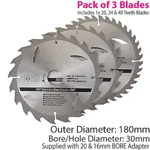 180mm x 30mm TCT Circular Saw Blades 3 Pack 20T 24T 40T Wood