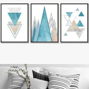 Set of 3 Mid Century Aqua Blue Abstract Geometric Wall Art Prints / 50x70cm / Black Frame