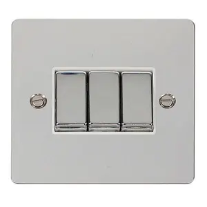 Flat Plate Polished Chrome 10A 3 Gang 2 Way Ingot Light Switch - White Trim - SE Home