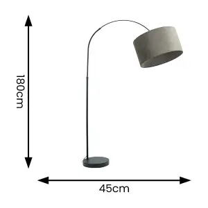 ValueLights Louis Black Arched Curved Floor Lamp with Grey Velvet Drum Lamp Shade and LED Bulb