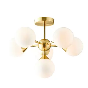 Semi Flush Ceiling Light Satin Brass Plate & Gloss White Glass 6 x 18W G9