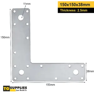 Pack of 2 - Heavy Duty Galvanised Flat Corner Plate L Shape 90 Degree Right Angle Bracket Mending Brace Jointing Plate 150x150x38m