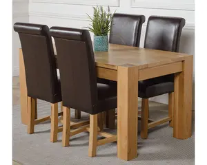 Kuba 150 x 85 cm Chunky Medium Oak Dining Table and 4 Chairs Dining Set with Washington Brown Leather Chairs