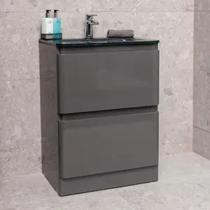 Marvel 600mm Floor Standing Bathroom Vanity Unit in Dark Grey Gloss with Grey Glass Basin