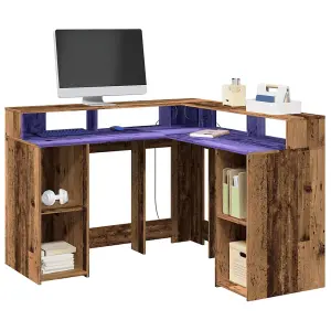 Berkfield Desk with LED Lights Old Wood 130x130x91 cm Engineered Wood