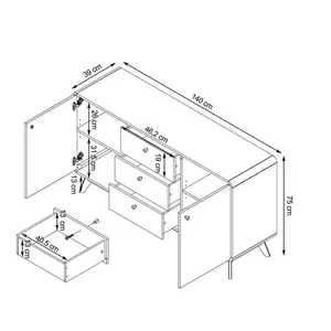 Justine 140Cm Wide 3 Drawer Sideboard White
