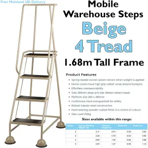 4 Tread Mobile Warehouse Steps BEIGE 1.68m Portable Safety Ladder & Wheels