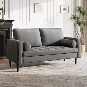 Grey Double Sofa 2-Seat Velvet Sofa with Bolster Pillows