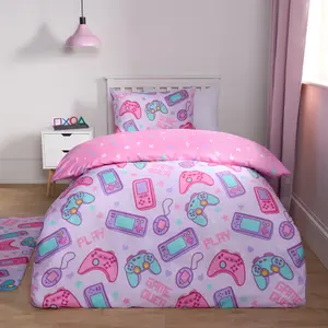 Gaming Duvet Cover Set Reversible Quilt Pillowcase Bedding, Pink - Single