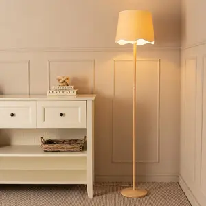 ValueLights Triston Natural Light Wood Stem Floor Lamp with Scallop White Trim Tapered Shade