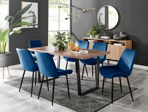 Furniturebox Kylo Brown Rectangular Wood Effect Dining Table & 6 Navy Velvet Pesaro Black Leg Chairs