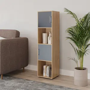 URBNLIVING 119cm Height 4 Cube Bookcase Oak Wooden Grey Door Metal Handle Display Storage Shelf