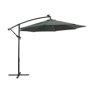 3M Garden Sun Shade Cantilever Parasol Hanging Banana Umbrella Crank Tilt with Solar Lights and Fillable Base, Dark Grey