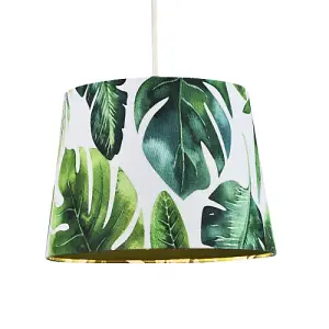 Palm Leaf Themed 25cm Drum Lampshade in Green and White Linen Fabric with Lining